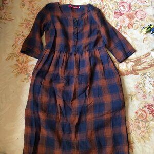 Pyne and Smith Model No.12 Button Up Linen Midi Dress in Copper Plaid Small